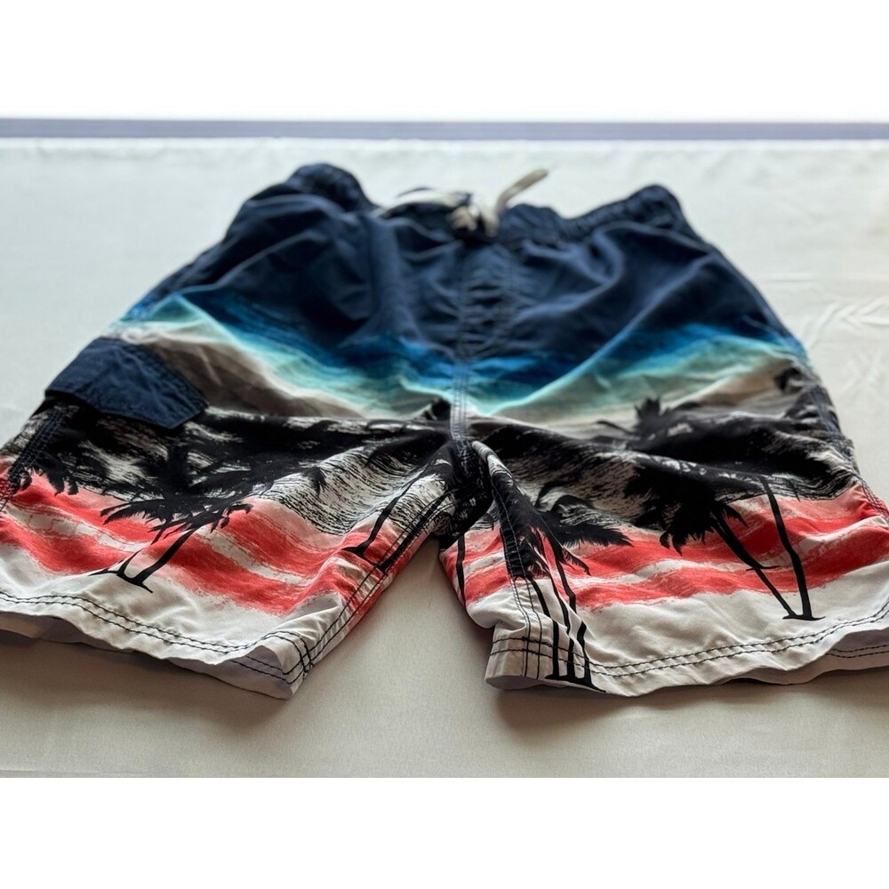 Okanu Brand, Blue & Red Striped Swim Trunks W/Tropical Print, Boy’s (Sz L 14/16) - Picture 1 of 7